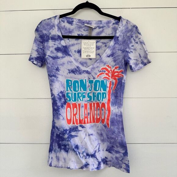 Ron Jon Surf Shop Women’s Purple Tie Dye Small Vneck Tee Orlando florida NWT - Picture 1 of 5